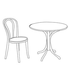 vector, isolated, contour, sketch, round table and chair