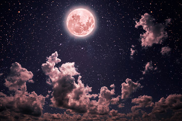 backgrounds night sky with stars and moon and clouds.  pastel coral color