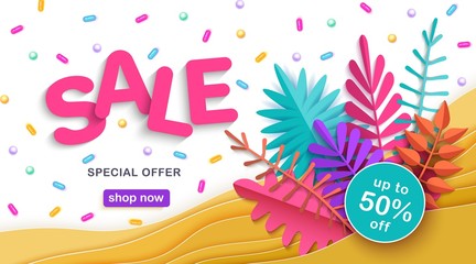 Summer and autumn sale, bright advertising banner with colorful leaves, layered texture in the style of paper cutting, volumetric text, horizontal background, vector illustration