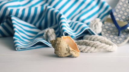 Blue beach bag with ocean seashell on white wooden background  with copy space. Concept for summer times and vacation at sea.