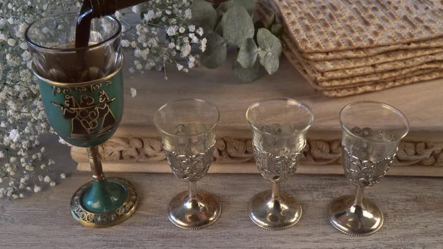 Kosher four glasses wine passover bread holiday jewish matzoh celebration