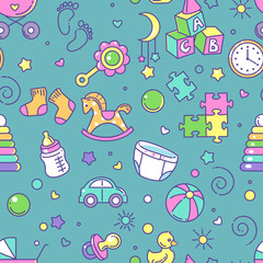 Seamless pattern. Baby objects. Endless background with baby stuff. Background for web site, blog, package. Toys, clothes, icons, symbols of childhood and maternity. Vector illustration. 
