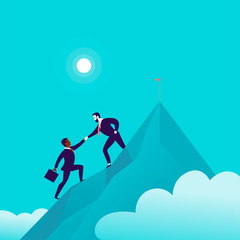 Flat illustration with business people climbing together on mountain peak top on blue clouded sky background. Team work, achievement, reaching aim, partnership, motivation, support, - metaphor.