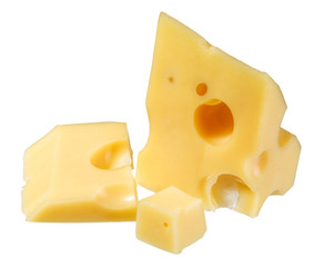Cheese with large holes sliced, on a white background.