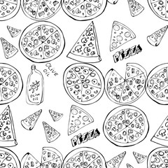 Seamless pattern with hand drawn pizza slices.