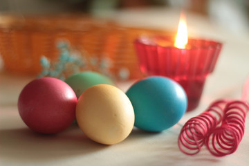easter eggon the table and in the basket