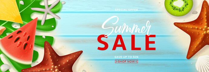 Summer sale promo vector banner. Summer background with top view on realistic seashells, starfishes and tropical fruits on sea sand and wooden texture. Vector illustration with special discount offer.