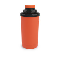 Dark orange nutrition shaker with black and orange cap. Made of plastic, isolated on white. Great for protein or other nutrition supplements.