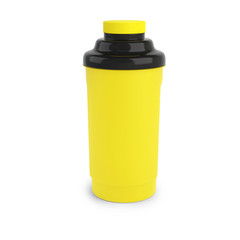 Yellow nutrition shaker with black and yellow cap. Made of plastic, isolated on white. Great for protein or other nutrition supplements.
