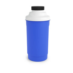 Blue nutrition shaker with black and white cap. Made of plastic, isolated on white. Great for protein or other nutrition supplements.