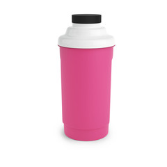 Pink nutrition shaker with black and white cap. Made of plastic, isolated on white. Great for protein or other nutrition supplements.