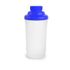 Nutrition shaker with blue cap. Made of plastic, isolated on white. Great for protein or other nutrition supplements.
