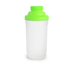 Nutrition shaker with green cap. Made of plastic, isolated on white. Great for protein or other nutrition supplements.
