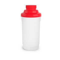Nutrition shaker with red cap. Made of plastic, isolated on white. Great for protein or other nutrition supplements.