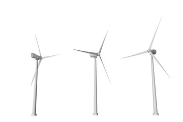 3 windmills with different rotation angles view from bottom isolated on white background - wind power industrial illustration, 3D illustration