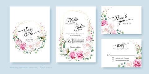 Fototapeta na wymiar Floral wedding Invitation card, save the date, thank you, rsvp template. Vector. White and pink rose flower, silver dollar plant, olive leaves, Wax flower.