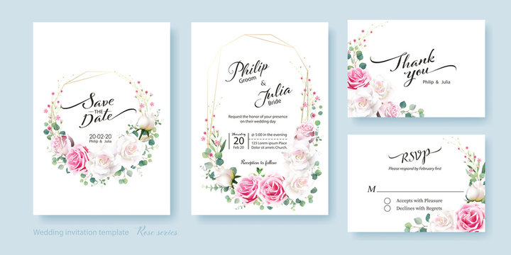 Floral wedding Invitation card, save the date, thank you, rsvp template. Vector. White and pink rose flower, silver dollar plant, olive leaves, Wax flower. - Powered by Adobe