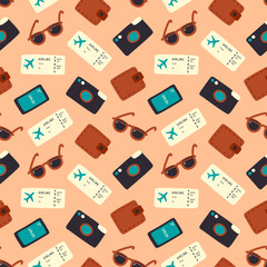 Travel seamless pattern with camera, ticket, smartphone, sunglasses and wallet. Vector doodle hand drawing print
