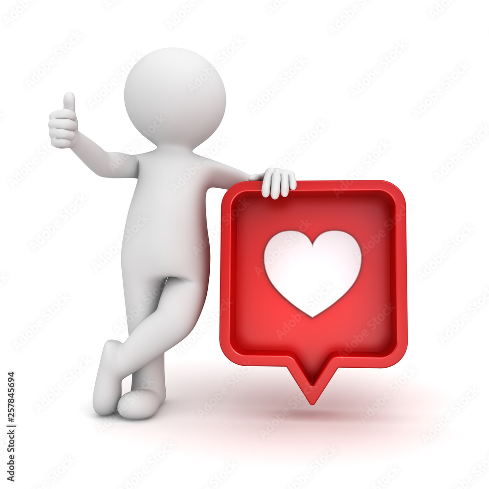 Fototapete 3d man standing and showing like thumbs up with red social media notification love like heart icon pin isolated on white background with shadow 3D rendering