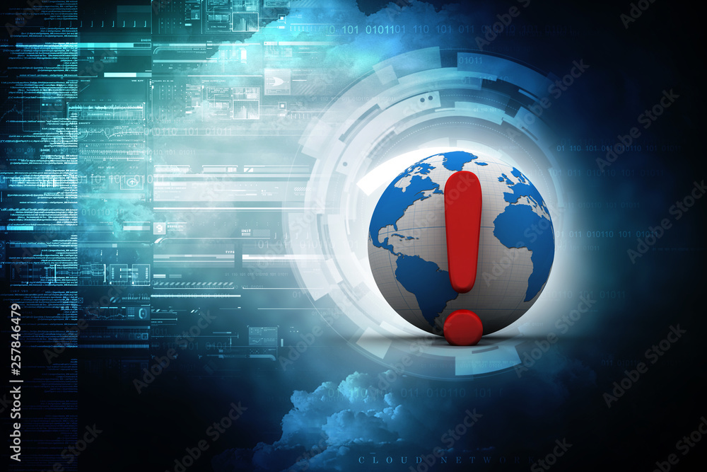 Poster 3d rendering exclamation mark and globe