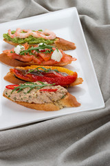 Brushetta snacks for wine. Variety of small sandwiches on a textile background