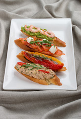Brushetta snacks for wine. Variety of small sandwiches on a textile background