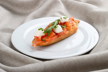 Bruschetta with tomatoes and mozzarella on a white plate, on a textile background