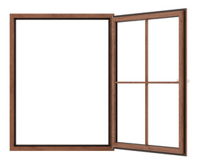 open wooden window isolated on white background