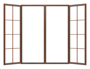 open wooden window isolated on white background