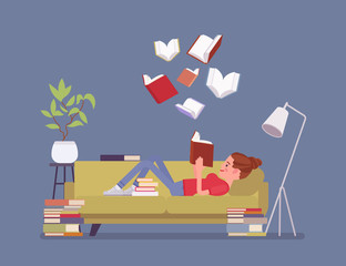 Female book reader. Young girl reads for pleasure lying on sofa, enjoys free time around literary pages of stories, novel, open volumes floating above, home interior, library room. Vector illustration