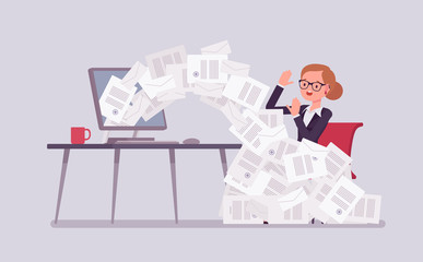 Paper avalanche for businesswoman. Female office worker overloaded with paperwork from computer, heap of business letters and online documents, busy clerk in routine, bureaucracy. Vector illustration