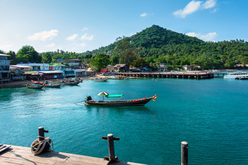 Traditional longtail boat in Tay island harbor.