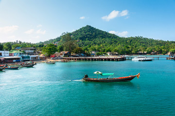 Fototapeta na wymiar Traditional longtail boat in Tay island harbor.