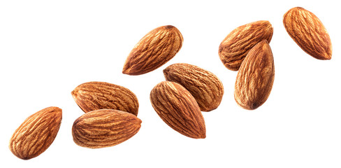 Flying almond isolated on white background with clipping path - obrazy, fototapety, plakaty