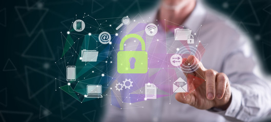Man touching a network safety concept