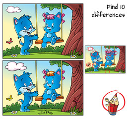 Tree with swing and two happy little cats. Find 10 differences. Educational matching game for children. Cartoon vector illustration