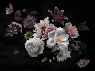 Obrazy na Szkle  Piękne kwiaty ogrodowe na czarno. Karta kwiatowy. Zabytkowe.