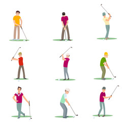 Fototapeta na wymiar Set of different golf players isolate on white background