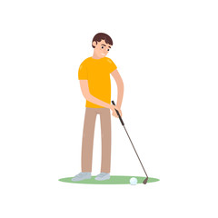 Golf player striking ball isolate on white background