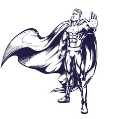 Fototapeta premium Muscular male superhero in a raincoat makes stopping hand sign