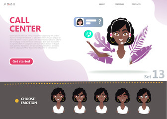 Call center concept. Cartoon character   afro american woman advises the client in the online office. Icon chat and online consultation by phone or web connection. Emotion faces set for character
