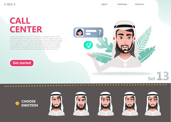 Call center concept. Cartoon character arab man advises the client in the online office. Icon chat and online consultation by phone or web connection. Emotion faces set for character design