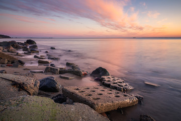 Sunrise over the beach on the Baltic Sea in Babie Doly, Gdynia, Poland