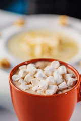 Hot chocolate with marshmallows. Cocoa. On white table in a restaurant with cream soup.