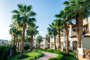Fototapeta na wymiar Sharm el-Sheikh, Egypt, 02/25/2019. The interior of the hotel, two-story houses among the palm trees