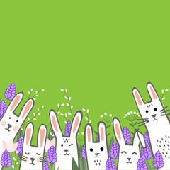 Little cute bunnies in hyacinths and tulip flowers and willow branches. Easter or spring vector greeting card