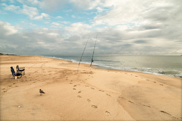 Landscape with fishing rods, sea gulls and arm chairs. Sunny   white clouds blue sky. Atlantic ocean sandy beach.