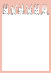 Happy Easter banner with bunny faces and paws. Rabbits border or greeting card. Vector