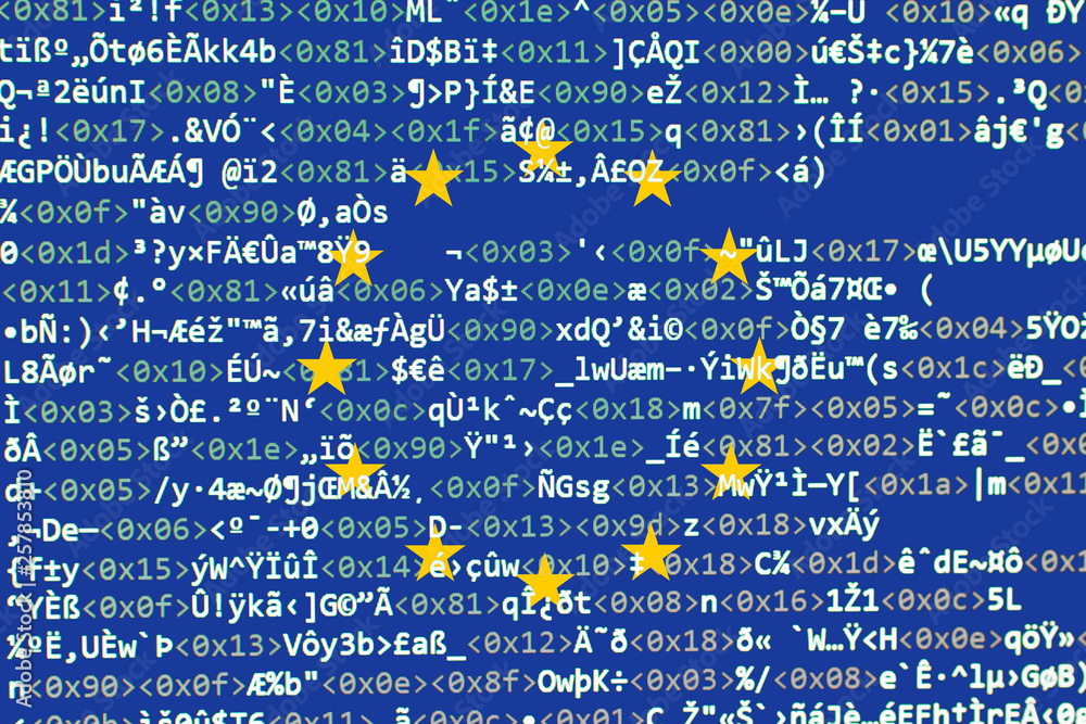 Poster source code of software with errors and overlaid eu flag. illustration by european copyright law, eu