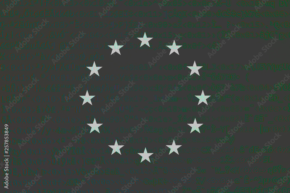 Poster source code of software with errors and overlaid eu flag. illustration by european copyright law, eu